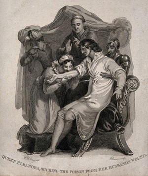 view Queen Eleanor sucking the poison from King Edward I's arm. Line engraving by Brown after W.M. Craig.