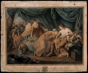 view Queen Eleanor sucking the poison from King Edward's arm. Coloured stipple etching by Wynne Ryland, 1780, after A. Kauffman.