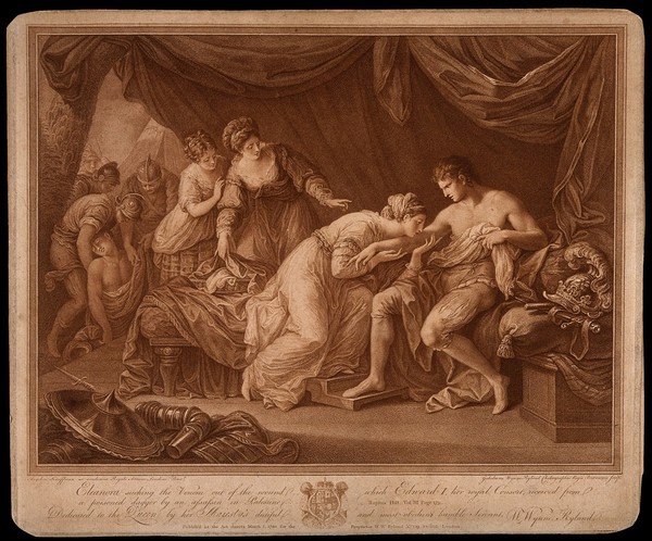 Queen Eleanor sucking the poison from King Edward's arm. Coloured stipple etching by W. Wynne Ryland, 1780, after A. Kauffman.