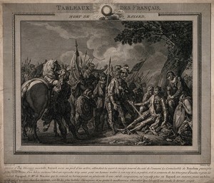 view The death of Bayard: surrendering to the spanish general. Line engraving by C.N. Malapeau after A. Borel.