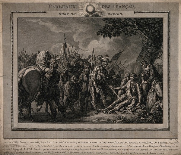 The death of Bayard: surrendering to the spanish general. Line engraving by C.N. Malapeau after A. Borel.