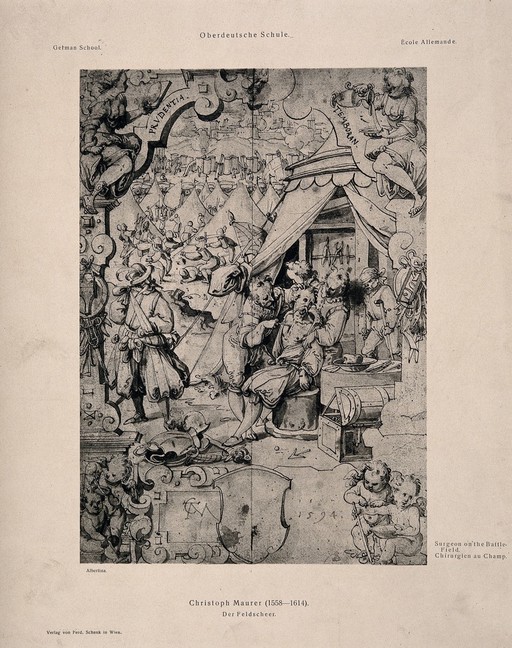 A surgeon on the battlefield. Reproduction of a pen and ink drawing by C. Maurer.