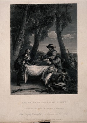 view The death of Sir Phillip Sidney at the battle of Zutphen. Line engraving by W. Greatbach after Sir D. Wilkie.