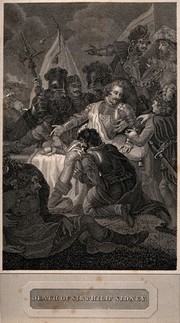 The death of Sir Philip Sidney at the battle of Zutphen. Line engraving.