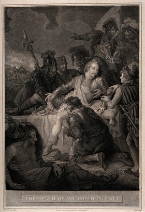 view The death of Sir Philip Sidney at the battle of Zutphen. Line engraving by J. Stow, 1796, after J.B. Rigaud.