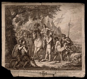 view The death of Sir Philip Sidney at the battle of Zutphen. Etching by F. Bartolozzi, 1788.