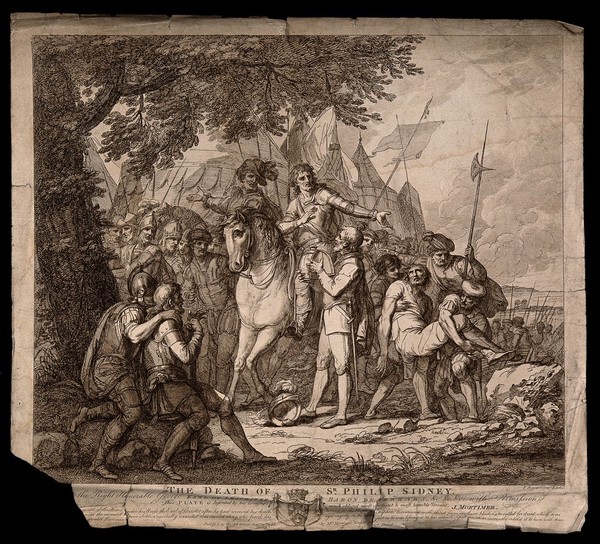 The death of Sir Philip Sidney at the battle of Zutphen. Etching by F. Bartolozzi, 1788.