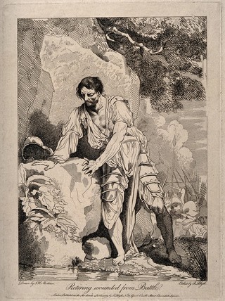 A wounded soldier retiring from battle. Etching by R. Blyth, 1779, after J.H. Mortimer.