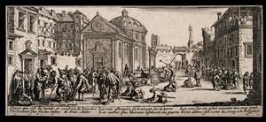 view Lame people, war victims and beggars receiving alms at a hospital. Etching after J. Callot.