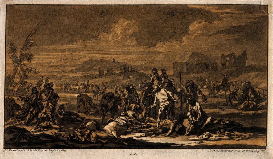 Treating the wounded after a battle. Tinted mezzotint by J.C. Rugendas, 17--, after G.P. Rugendas the elder, 1695.