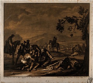 view Tending the sick and wounded after a battle. Tinted mezzotint by J.C. Rugendas after G.P. Rugendas, 1698.