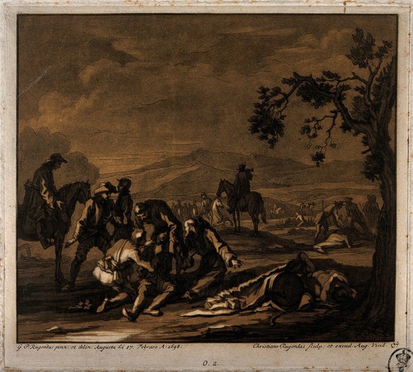 Tending the sick and wounded after a battle. Tinted mezzotint by J.C. Rugendas after G.P. Rugendas, 1698.