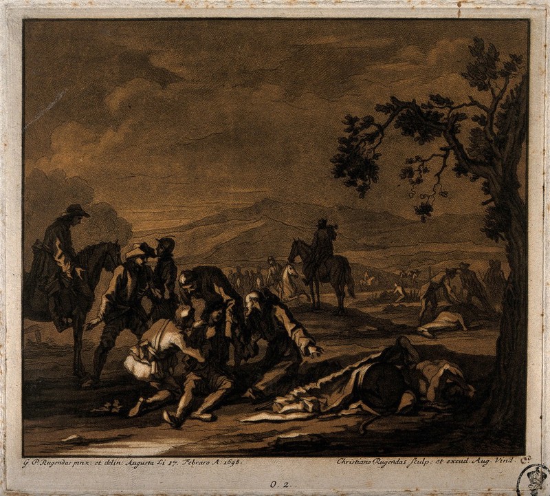 Tending the sick and wounded after a battle. Tinted mezzotint by J.C. Rugendas after G.P. Rugendas, 1698., 1698, by Georg Philipp Rugendas the Elder