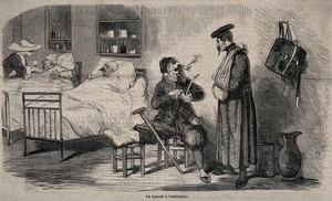 view A ward in a military hospital showing two convalescents and two bed-ridden patients. Wood engraving after Cham, 1870.