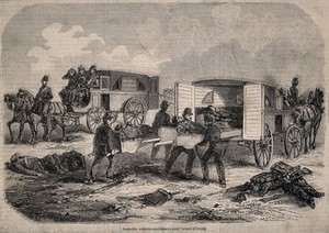 view Wounded soldiers being taken to hospital by ambulance. Wood engraving by J. Gaildrau, 1854.