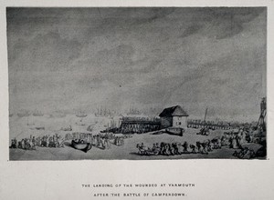 view The landing of the wounded at Yarmouth. Reproduction of a painting.