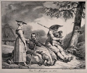 view Napoleon visiting the wounded after the Battle of Eylau. Coloured etching.