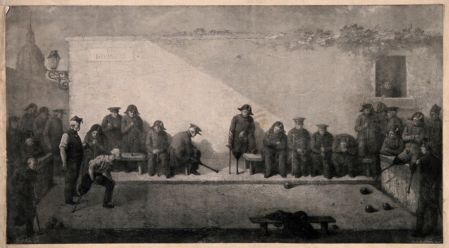 Veterans watching and participating in a game of bowls. Lithograph by A. Collette, 1853, after E. de Frenne.