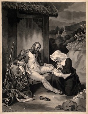 view A nun of the order of St. Vincent de Paul dressing a wounded soldier's leg. Wash drawing by E. de Feu, 1832.