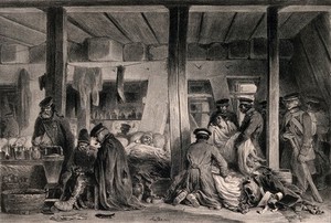 view Interior of l'hopital Blindé, Antwerp, with army patients and wounded men. Lithograph by D. Raffet, 1852.