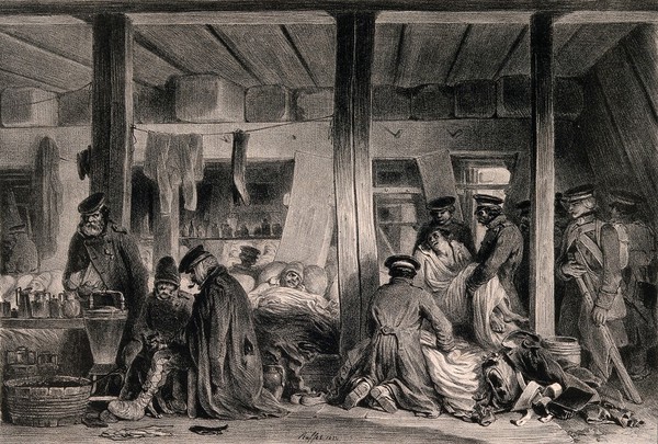 Interior of l'hopital Blindé, Antwerp, with army patients and wounded men. Lithograph by D. Raffet, 1852.