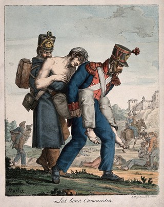 Two soldiers carrying a wounded comrade off the battlefield. Coloured lithograph by C. de Lasteyrie after J.H. Marlet, 1817.