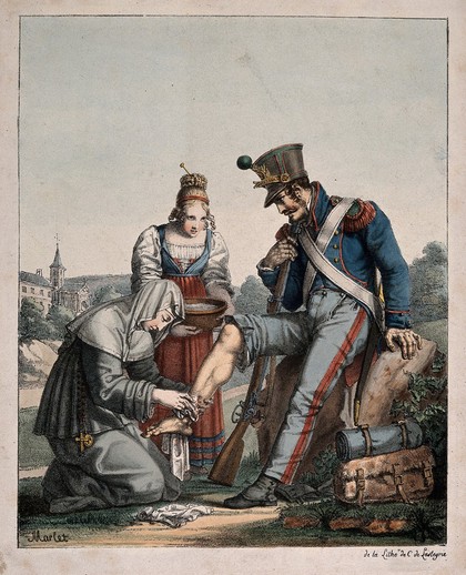 A wounded soldier having his foot dressed by a nun, while her assistant holds a bowl of water. Coloured lithograph by C. de Lasteyrie after J.H. Marlet, 1817.