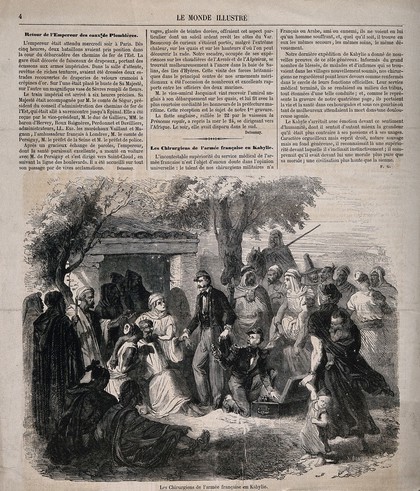 French army surgeons treating a sick algerian, Kabylie, Algeria. Wood engraving by W. Measom?, 1852.