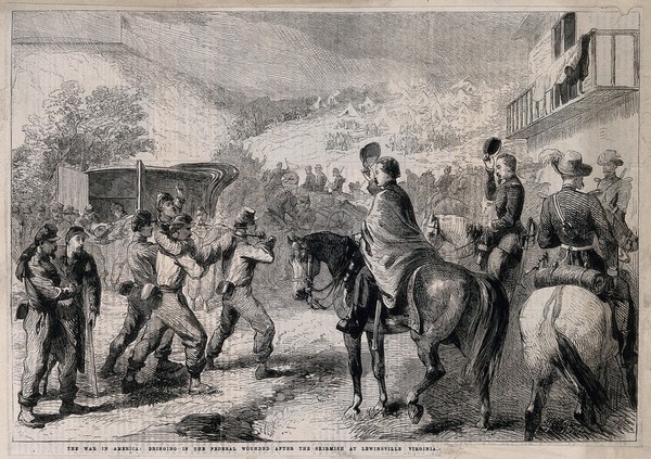 American Civil War: officers saluting the wounded being brought in after the battle of Lewinsville, Virginia, 1861. Wood engraving by F. Skill.