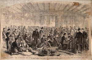view Return of wounded Confederate prisoners, under a flag of truce, during the American Civil War. Wood engraving.