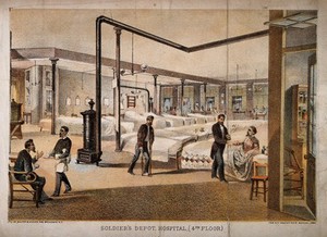 view New York State Soldiers' Depot, New York City: the hospital. Colour lithograph, 1864.