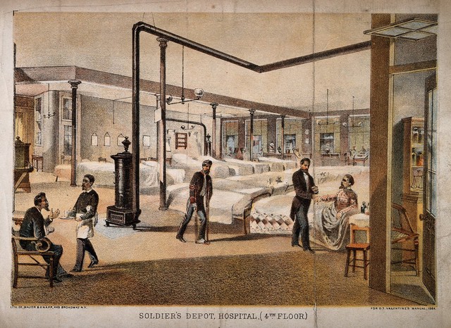 New York State Soldiers' Depot, New York City: the hospital. Colour lithograph, 1864.