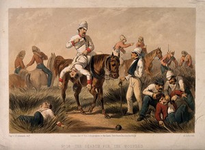 view Indian Rebellion: ambulancemen and soldiers searching for and assisting the wounded. Coloured lithograph by A. Laby, 1859, after G.F. Atkinson.