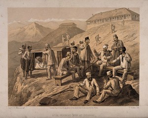 view Indian Rebellion: wounded soldiers convalescing at Dagshai, India. Tinted lithograph by T. Picken, 1859, after G.F. Atkinson.