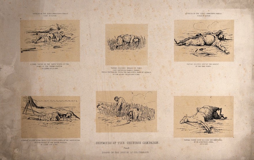 A sheet of sketches showing war defences and victims during the Chinese Campaign, 1860, China. Tinted lithograph after Lt. Col. Crealock, 1860.