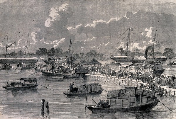 Sick and wounded boarding the steamer "Canton", China. Wood engraving, 1858.