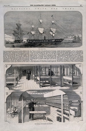 view Medical staff receiving training on a hospital ship during the Xhosa Wars, Africa. Wood engraving.