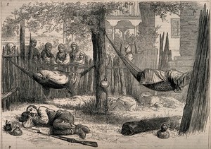 view Red Cross workers sleeping in hammocks during the Serbo-Turkish War. Wood engraving after G. Durand.