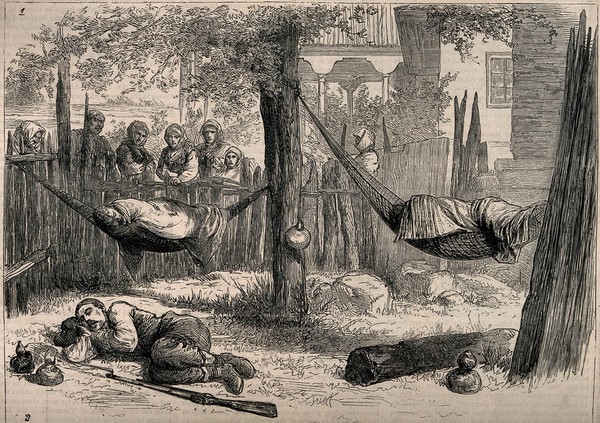 Red Cross workers sleeping in hammocks during the Serbo-Turkish War. Wood engraving after G. Durand.