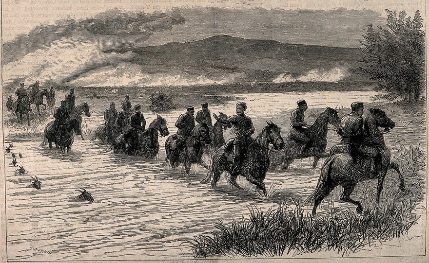Dr Mackellar and Red Cross staff crossing the Morava river after the Battle before Alexinatz, Serbia. Wood engraving by G. Durand.