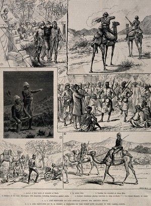 view Sudan: fighting, medical and social activity. Wood engraving and process print by J.F.W. after M. Prior and W.S. Perry.