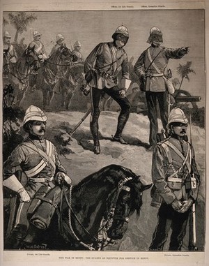 view War in Egypt, Egypt: soldiers using the new eye protection and head gear. Wood engraving by W.J. Palmer after W.H. Overend.