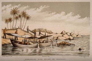 view Embarking sick below third cataract. Coloured lithograph by J.G. Keulemans after W.W.C. Verner.