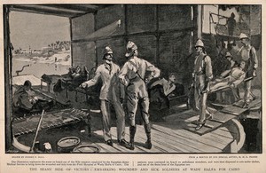 view The War in Egypt, Egypt: patients being taken on board one of the Nile steamers. Process print after S.P. Hall after H.H.S. Pearse.