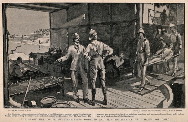 The War in Egypt, Egypt: patients being taken on board one of the Nile steamers. Process print after S.P. Hall after H.H.S. Pearse.