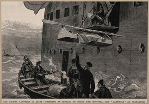 view The War in Egypt: hoisting invalids on board a hospital ship. Wood engraving.