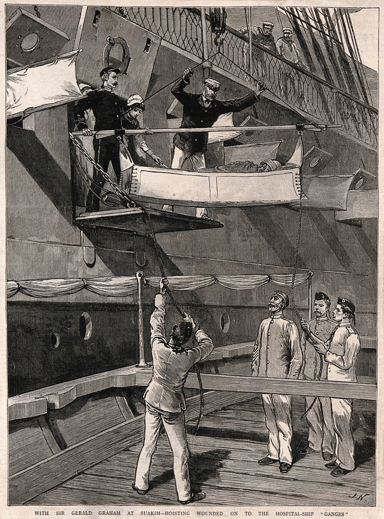 Sir Gerald Graham directing the hoisting of patients on board a hospital ship, Sudan. Wood engraving by J. Nash after C.E. Fripp, 1885., 1885, by Charles Edwin Fripp
