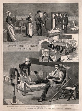 Sheet of sketches showing the interior of the hospital ship the "Ganges", Sudan: with numbered key. Wood engraving, 1885.