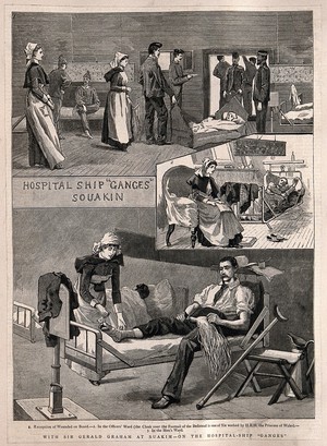 view Sheet of sketches showing the interior of the hospital ship the "Ganges", Sudan: with numbered key. Wood engraving, 1885.