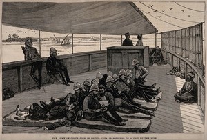 view Anglo-Egyptian War, 1882: invalid British soldiers on a boat on the Nile. Wood engraving by P.A. or R.A., 1882.